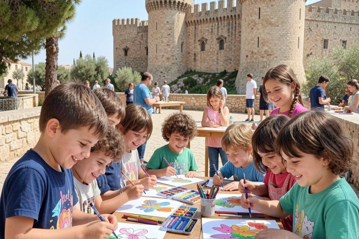 Bambini che partecipano a un laboratorio creativo all'aperto vicino al Castello Aragonese di Otranto, sorridenti e intenti a colorare, monumento visibile sullo sfondo