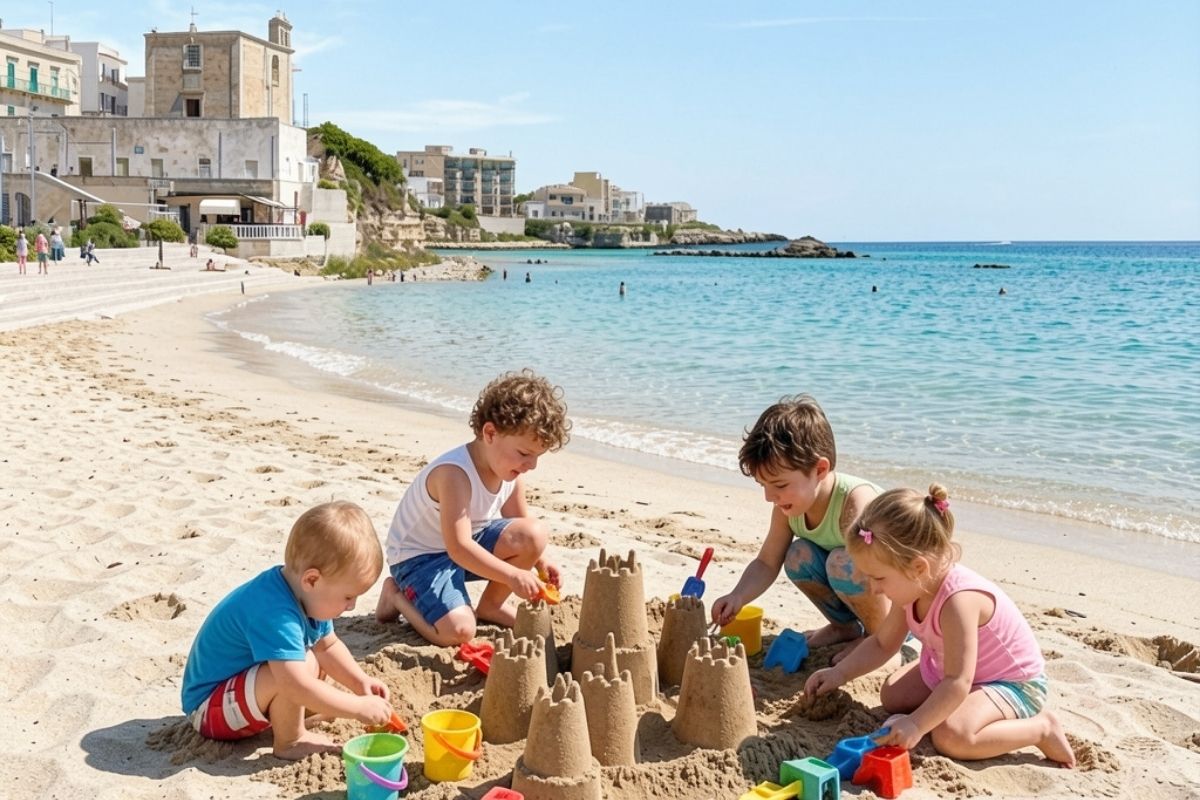 Famiglia con bambini piccoli che costruisce castelli di sabbia su una spiaggia dorata di Otranto, mare limpido sullo sfondo, atmosfera serena e gioiosa